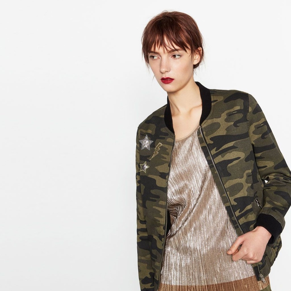 Zara Camo Bomber jacket with Patches